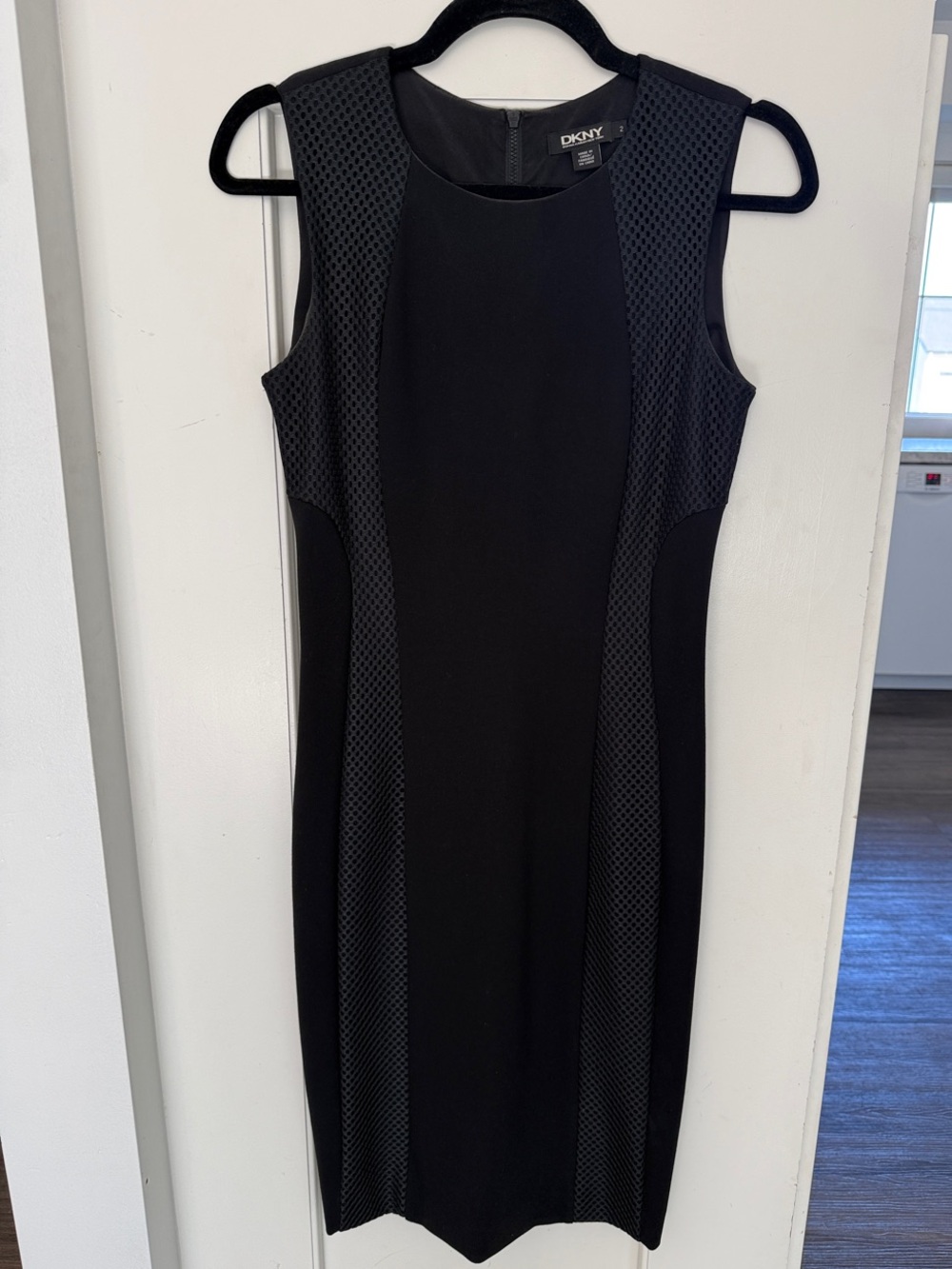 DKNY Black Sleeveless Ponte Sheath Dress with Textured Side Panels